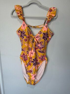 No Boundaries Yellow Floral One-Piece Swimsuit with Pink and Purple Flowers